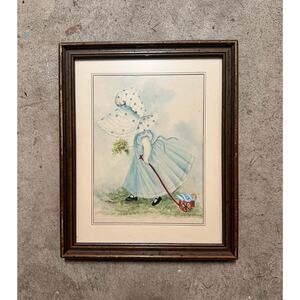 Vintage Framed Print – Girl with Doll – Cottage Children’s Wall Art – 11” x 9”